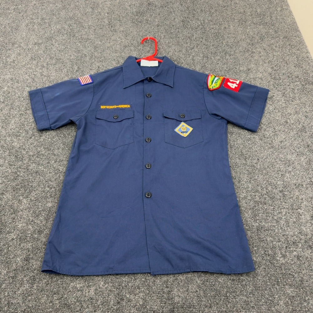 Vintage Boy Scouts of America Shirt Youth Large Blue Poly Cotton Patches Uniform